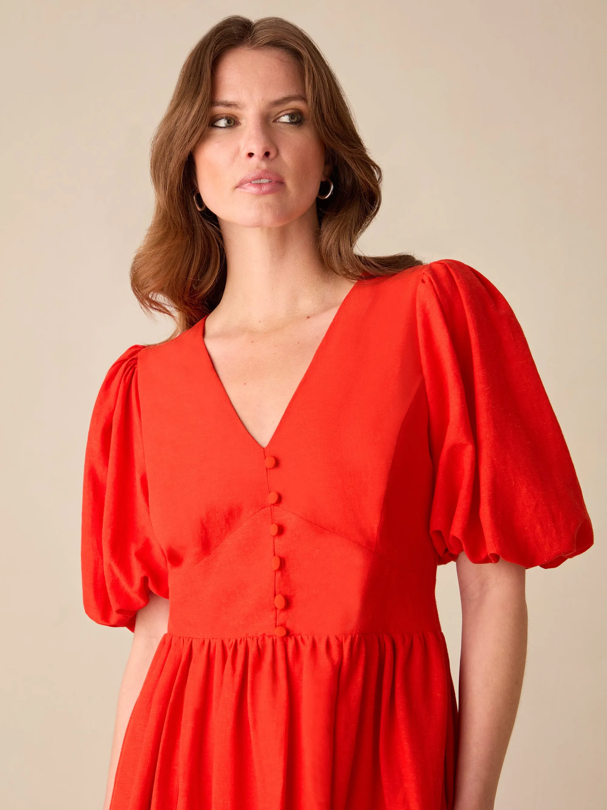 Petite Cara Red Linen-blend Puff Sleeve V-Neck Midi Dress