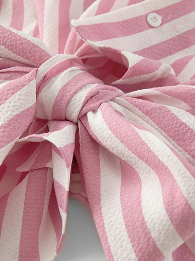 Pre Order:  Casual Pink Striped Bow Blouse