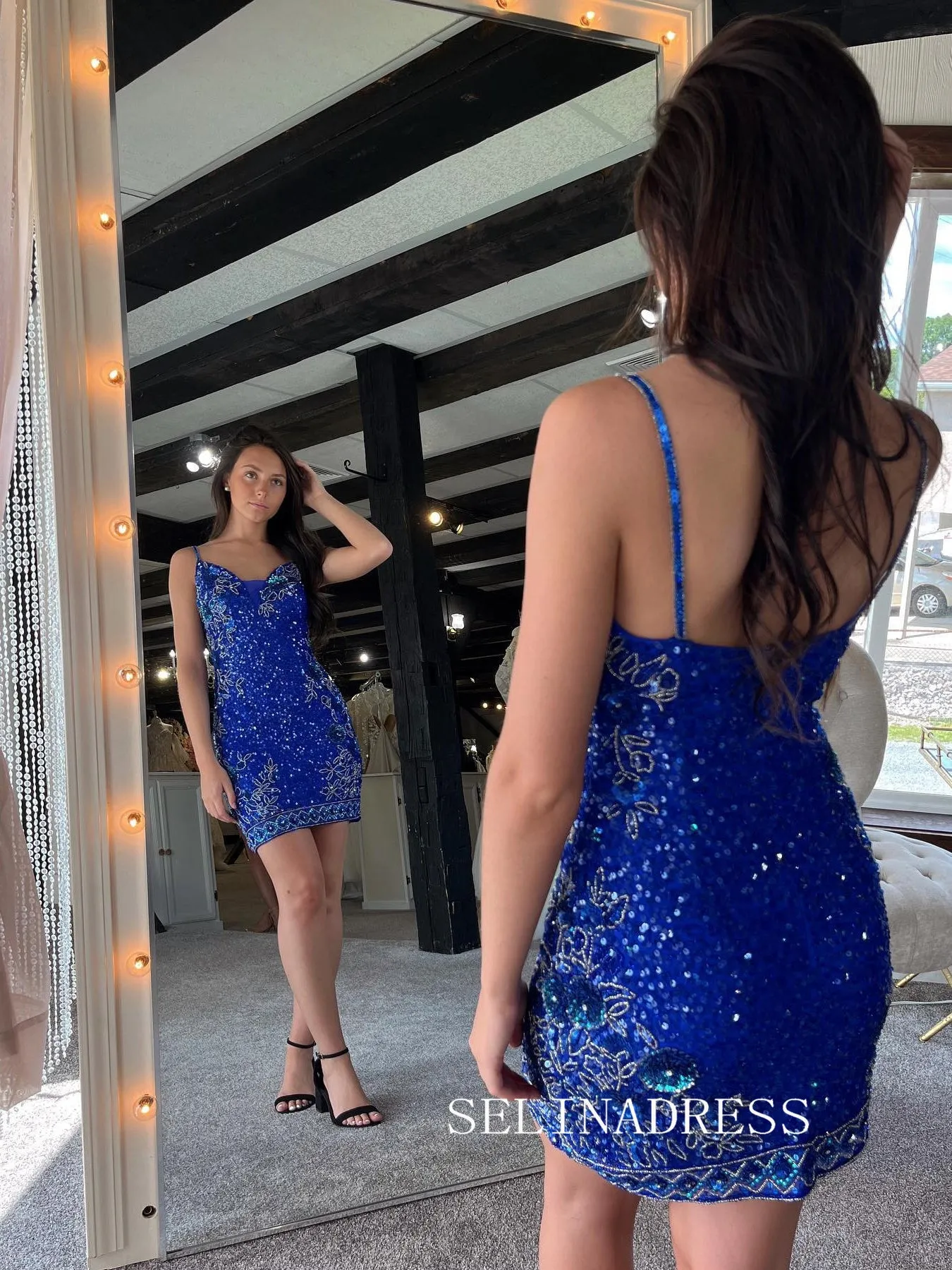 Royal Blue Sequin Short Homecoming Dresses Spaghetti Straps Mini Cocktail Dresses #EWR156