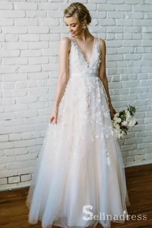 Rustic V neck Wedding Dresses Applique Lace Cheap Bridal Gown SEW023