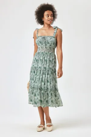 Sage Palm Print Tie Shoulder Midi Dress