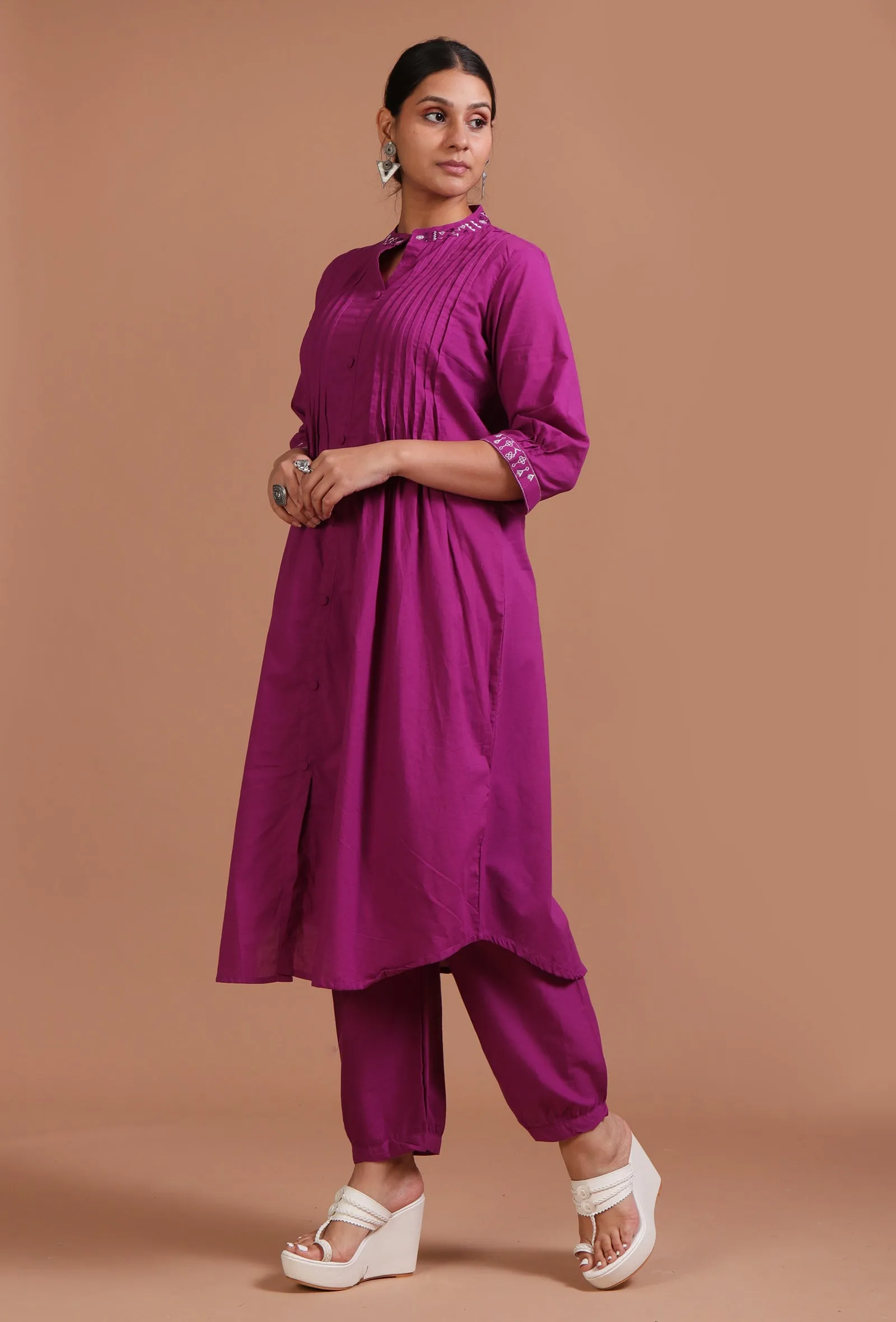 Set Of 2: Pink Cotton Plain Kurta & Pant Set