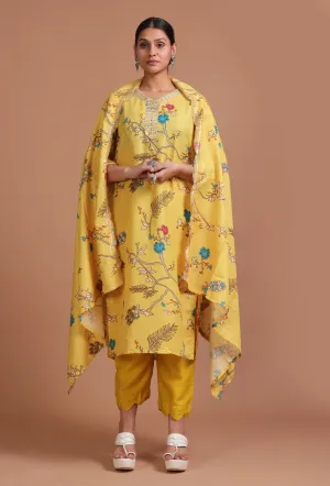 Set Of 3: Yellow Cotton Printed Kurta With Pant & Dupatta