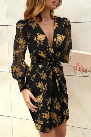 Sexy Geometric Print Patchwork Fold V Neck Printed Dress Dresses