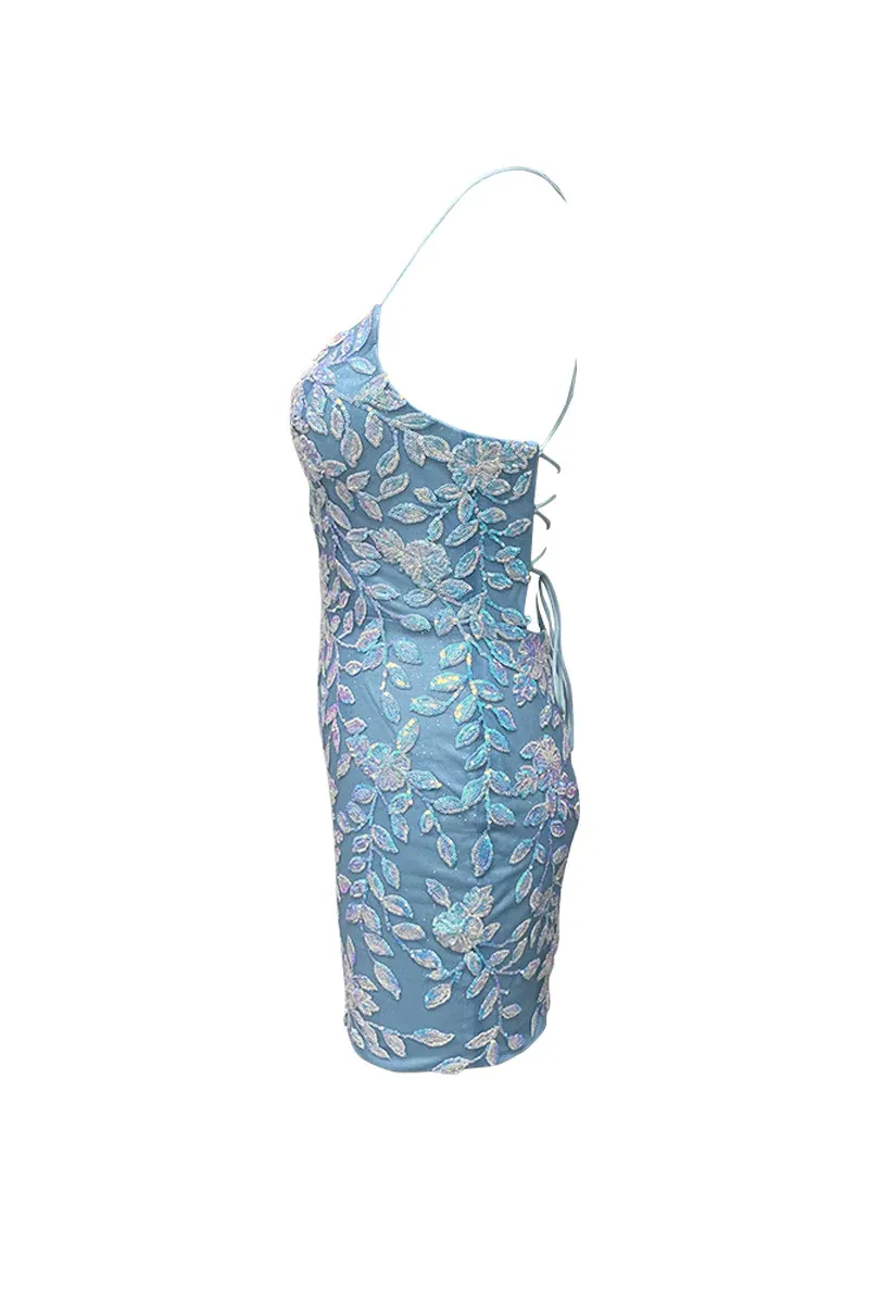 Sheath/Column Cute Bodycon V Neck Blue Lace Homecoming Dresses#TKD089