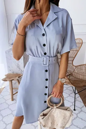 Solid Buckle With Belt Turndown Collar Dresses