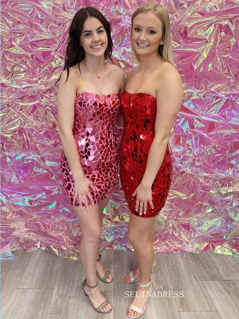 Strapless Sparkly Homecoming Dresses Red Pink Hoco Dress #EWR560