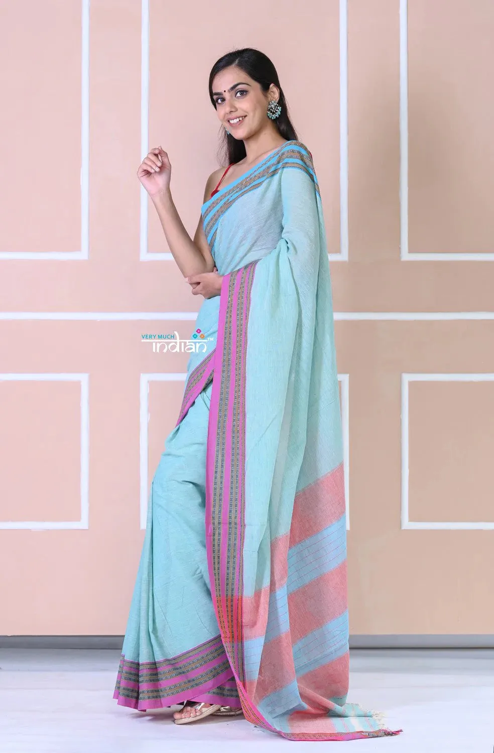 Traditional Patteda Anchu Ilkal Handloom Saree~ Maya Blue