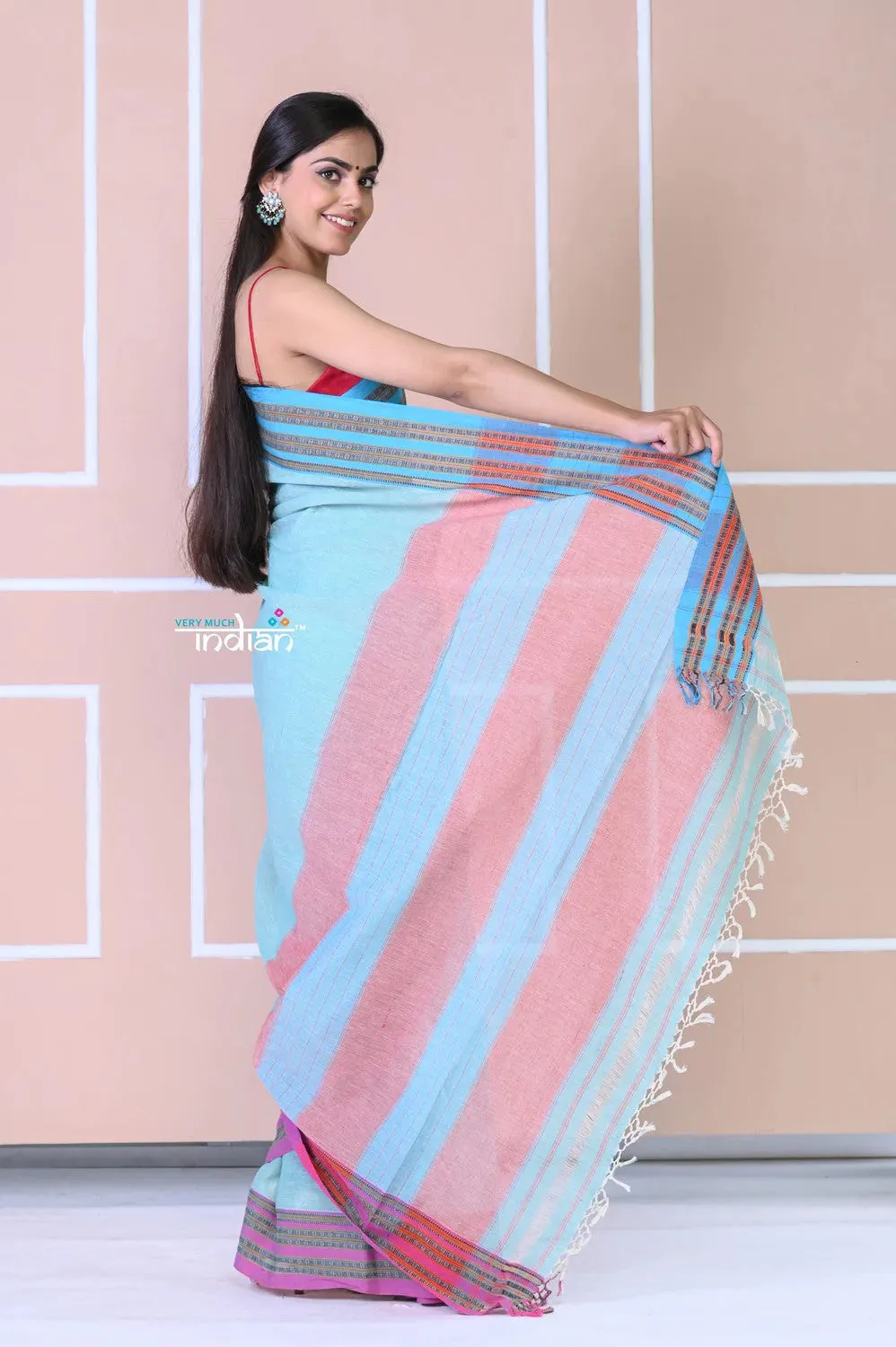 Traditional Patteda Anchu Ilkal Handloom Saree~ Maya Blue