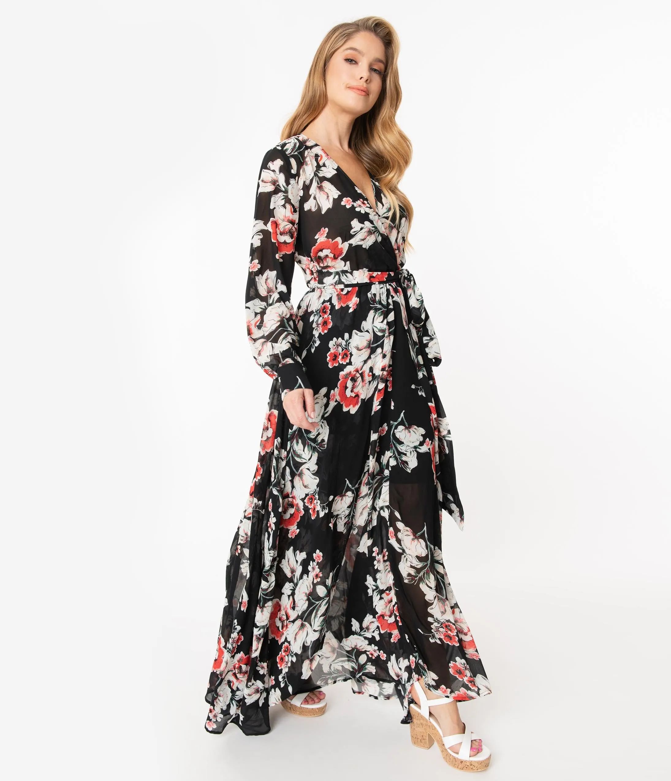 Unique Vintage Black Floral Farrah Maxi Dress