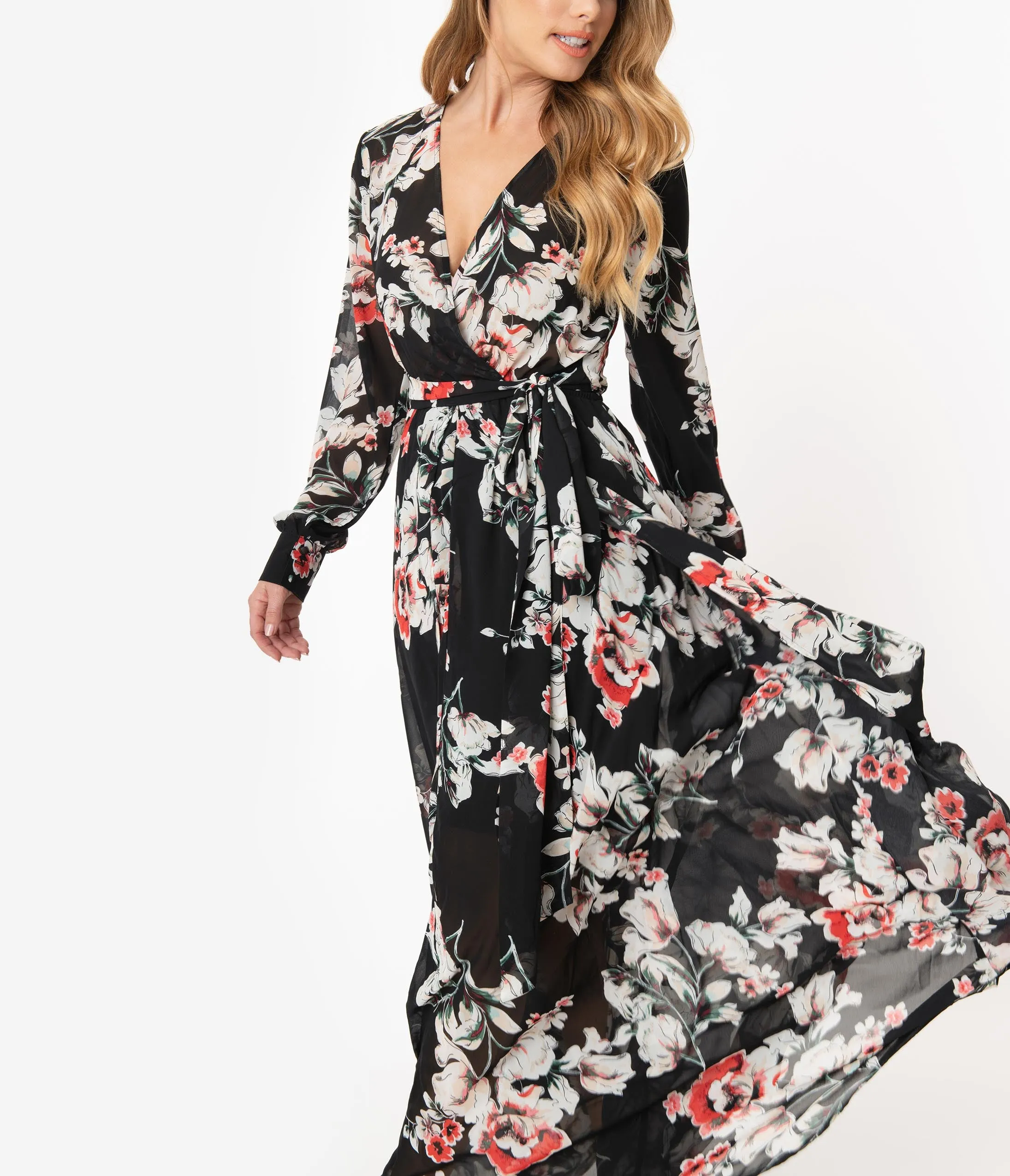 Unique Vintage Black Floral Farrah Maxi Dress