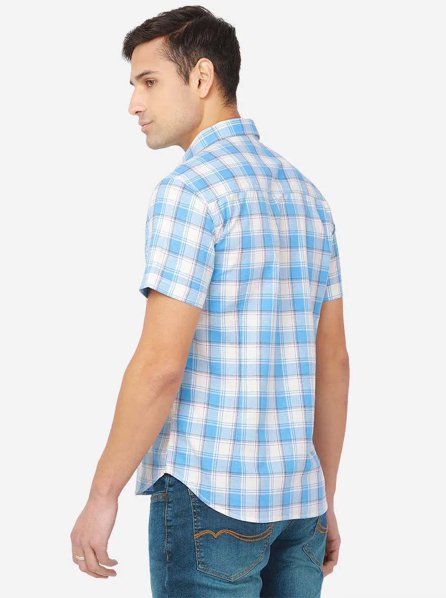 White & Azure Blue Checked Slim Fit Semi Casual Shirt | Greenfibre