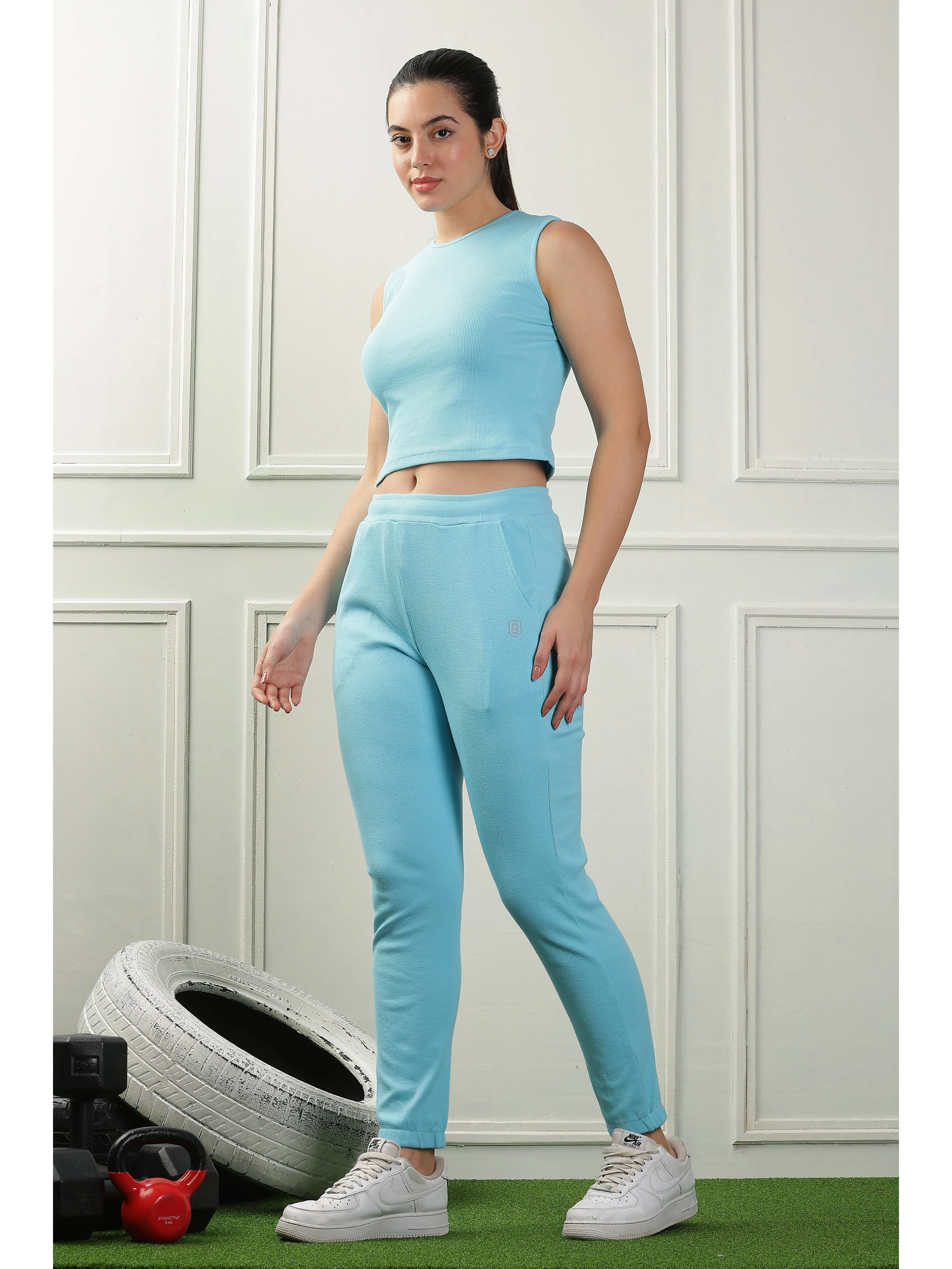 Women's Cotton Crop Top and Draw String Side Pocket Jogger (Light Blue)