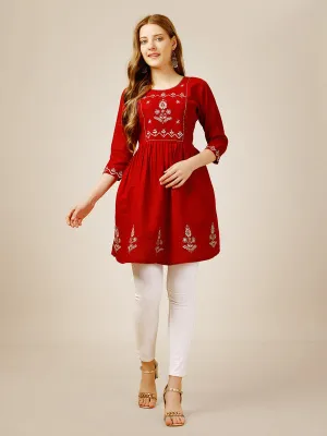 Womens Embroidered A-Line Red Tunic