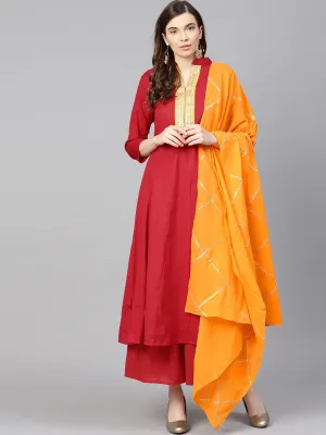 Women'S Red & Mustard Yellow Yoke Design Kurta With Palazzos & Dupatta