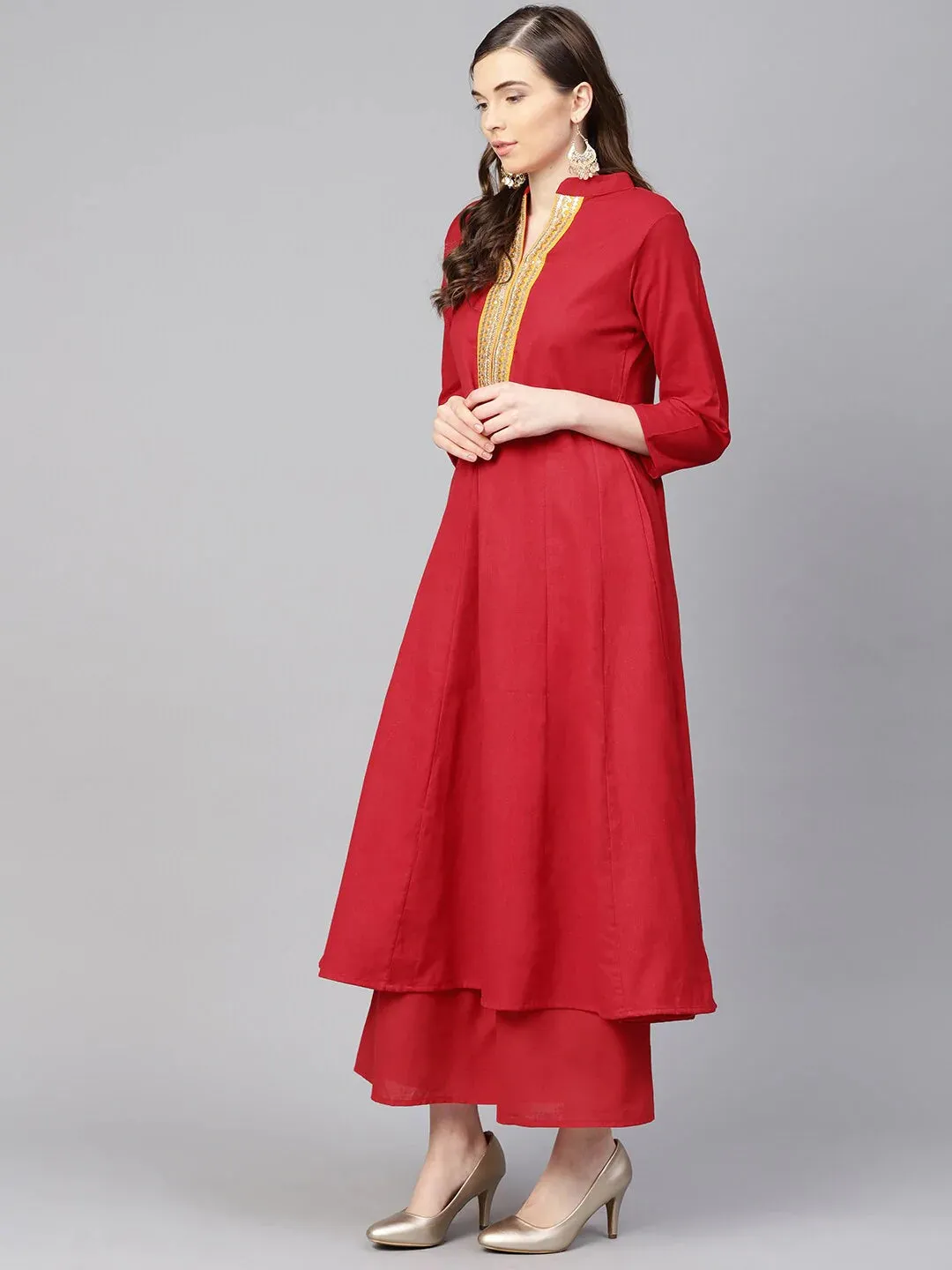 Women'S Red & Mustard Yellow Yoke Design Kurta With Palazzos & Dupatta