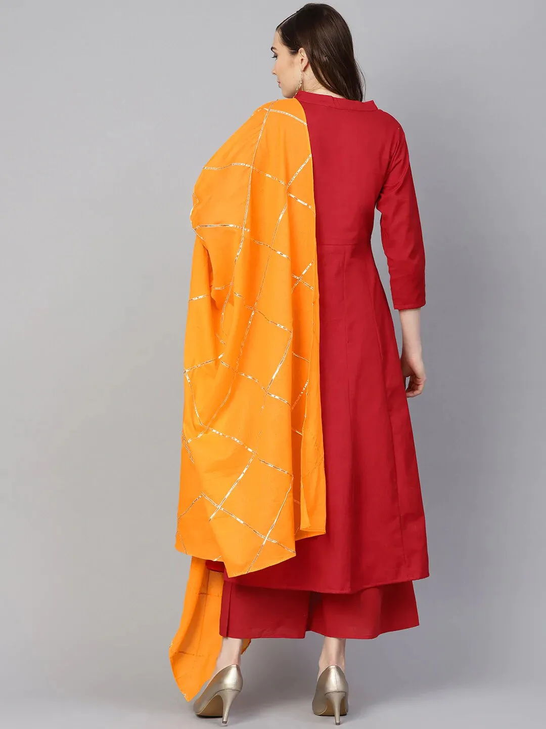 Women'S Red & Mustard Yellow Yoke Design Kurta With Palazzos & Dupatta