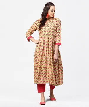 Yellow 3/4Th Sleeve Printed Cotton Anarkali Kurta With Pink Pant