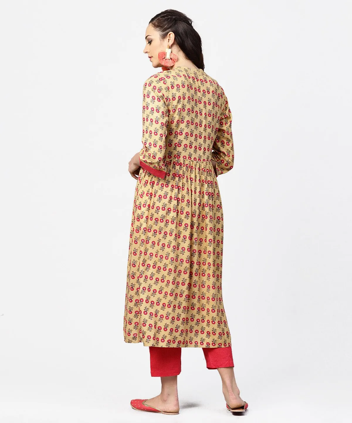 Yellow 3/4Th Sleeve Printed Cotton Anarkali Kurta With Pink Pant