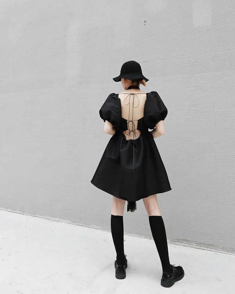 Yukie Square Collar Puff Dress - Black